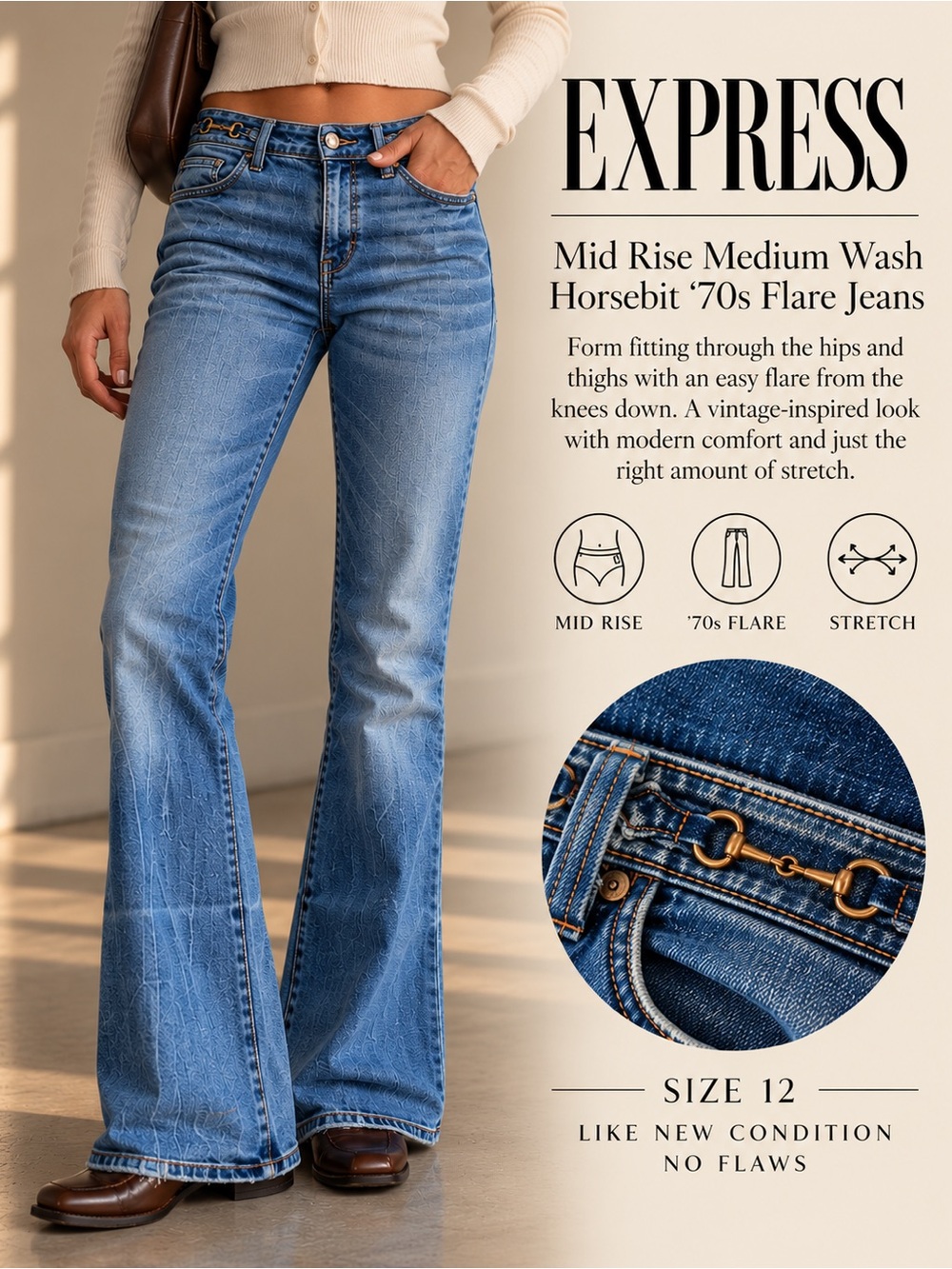 EXPRESS Mid Rise Medium Wash Horsebit ‘70s Flare Jeans, Size 12